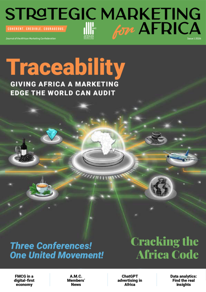 Magazine cover for strategic marketing africa large &apostraceability&apos title on a dark background with an africa globe icons and neon green network lines plus the subtitle &aposgiving africa a marketing edge the world can audit &apos
