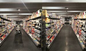 Wide grocery store aisle with tall shelves full of products, a central cart in the foreground, and bright overhead lighting