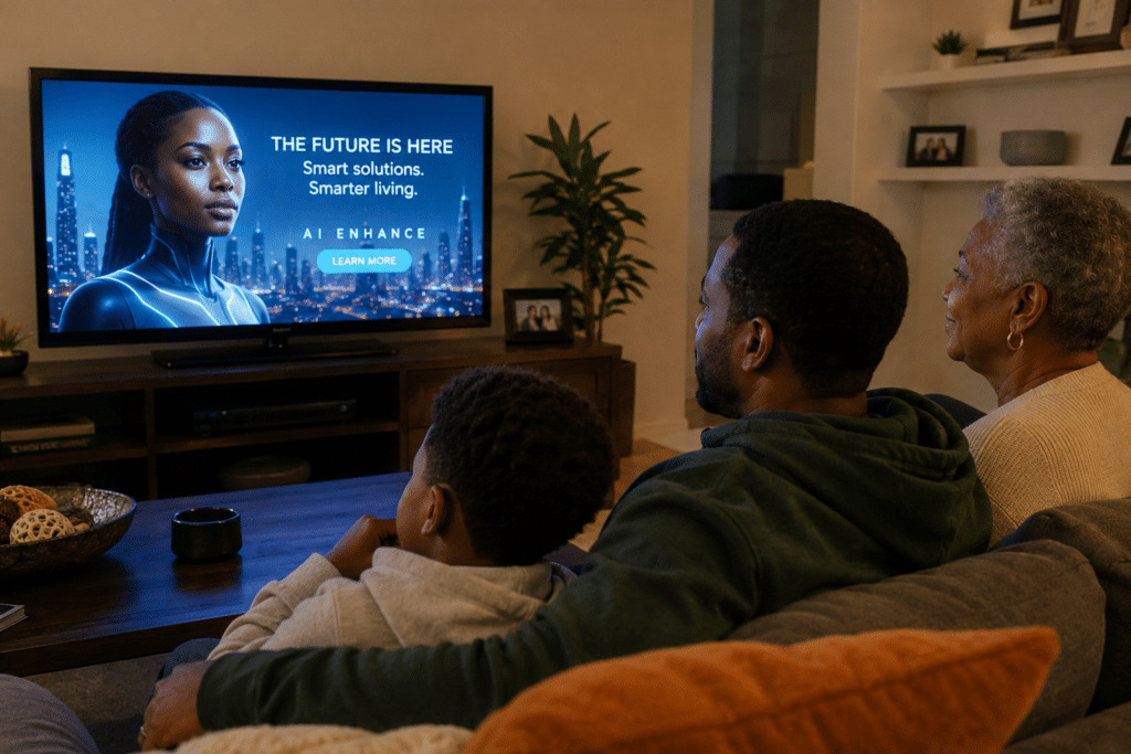 A family sits on a sofa watching a large TV displaying a futuristic AI ad in a cozy living room.