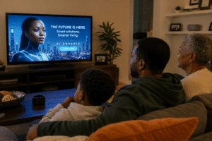 A family sits on a sofa watching a large TV displaying a futuristic AI ad in a cozy living room.