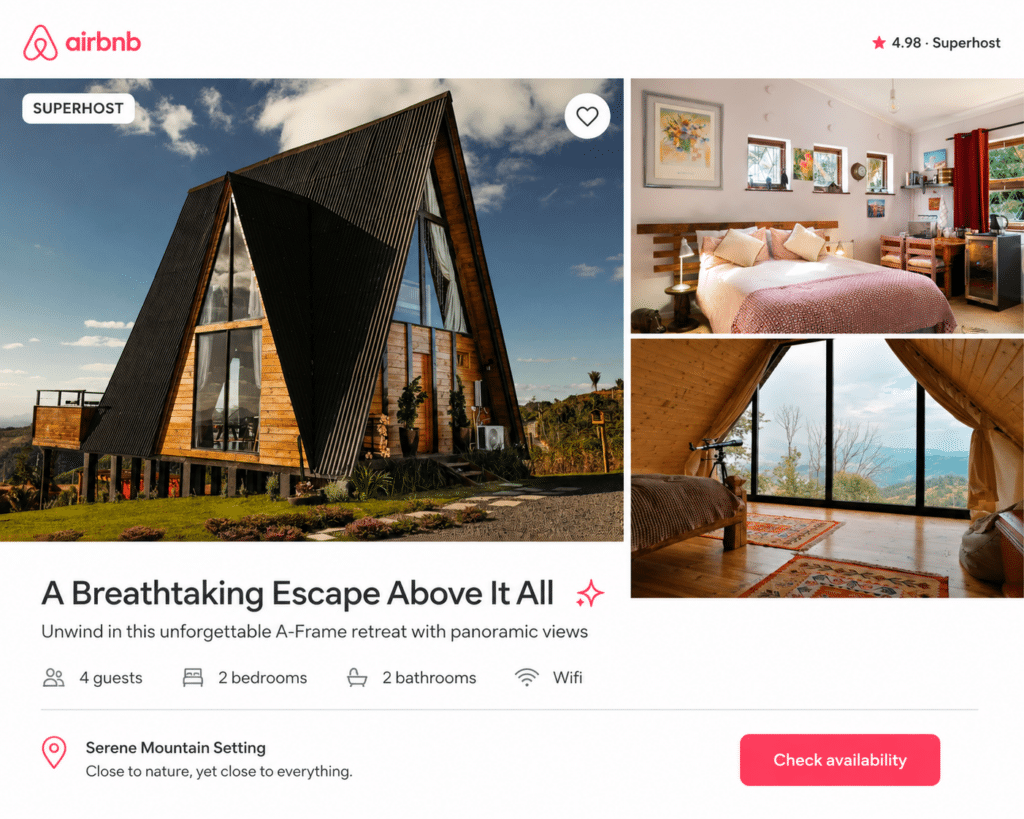 A-frame wooden cabin on a hillside with large windows, showing a mountain landscape and blue sky; interior bedroom and living areas visible in the collage.