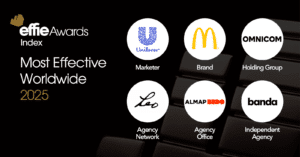 24 June - Marketing Effectiveness – African Marketing Confederation – African Marketing Confederation Effie Awards Index 2025: row of circular logos for Unilever, McDonald's, Omnicom, Leo, Almap BBDO, and banda on a black background (informational)