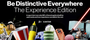 Be Distinctive Everywhere: The Experience Edition banner ad about brand equity with colorful props on a dark background and logos (JKR | Kantar).