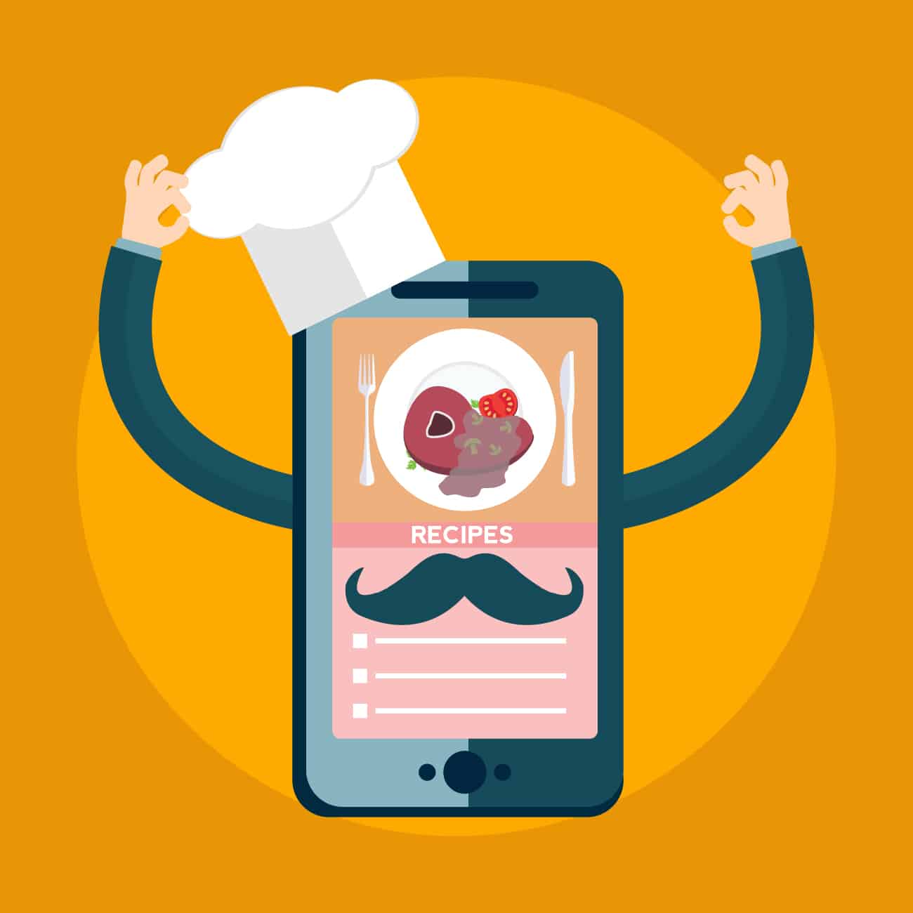 Cartoon smartphone wearing a chefs hat displaying a recipe card with a plate of food and the word recipes on an orange background