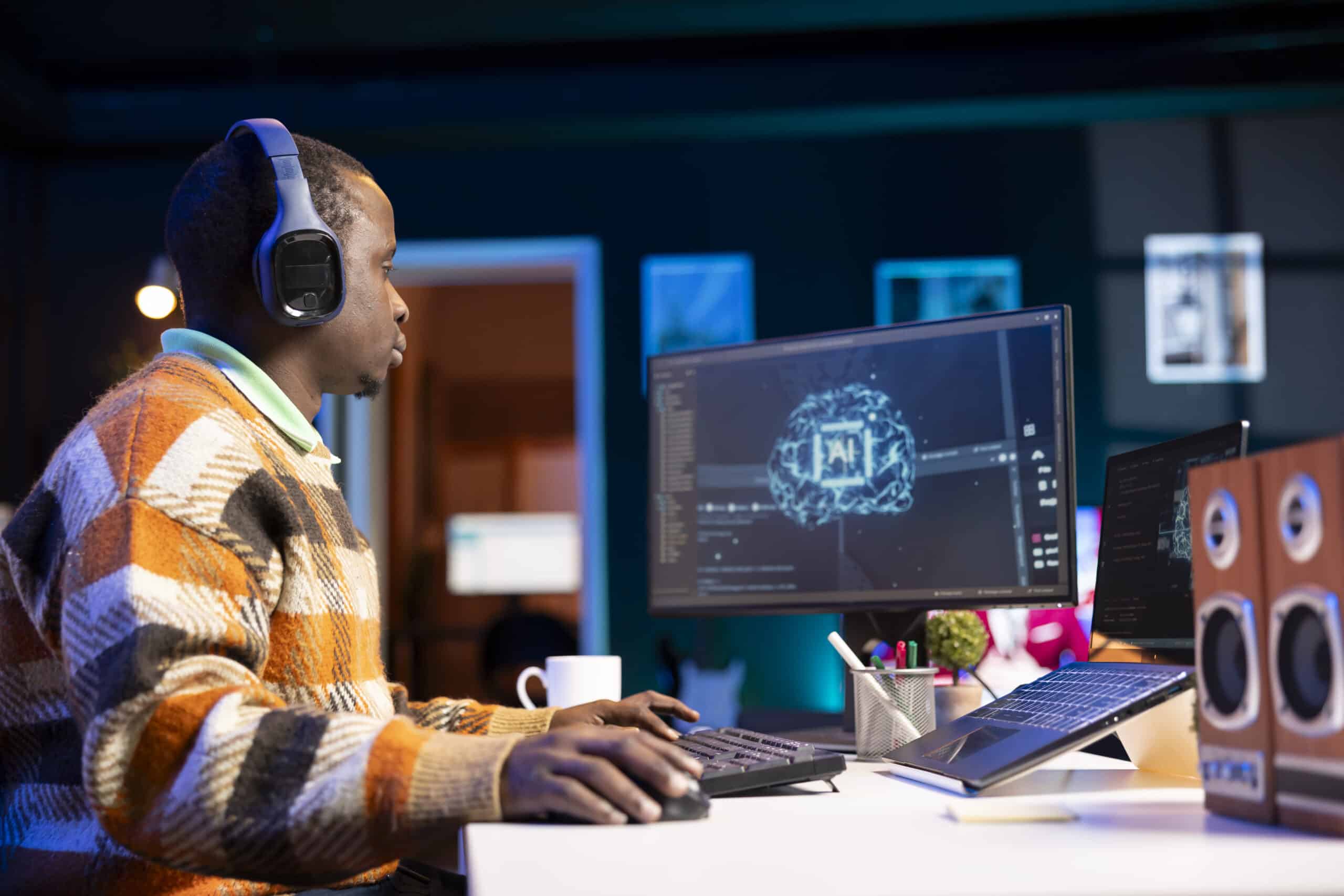 Person wearing blue over-ear headphones at a desk with multiple monitors showing digital graphics, focused on work.