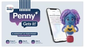 Banner for Penny Gets It! AI assistant; phone screen shows chat, beside a blue clay-figure making a heart.