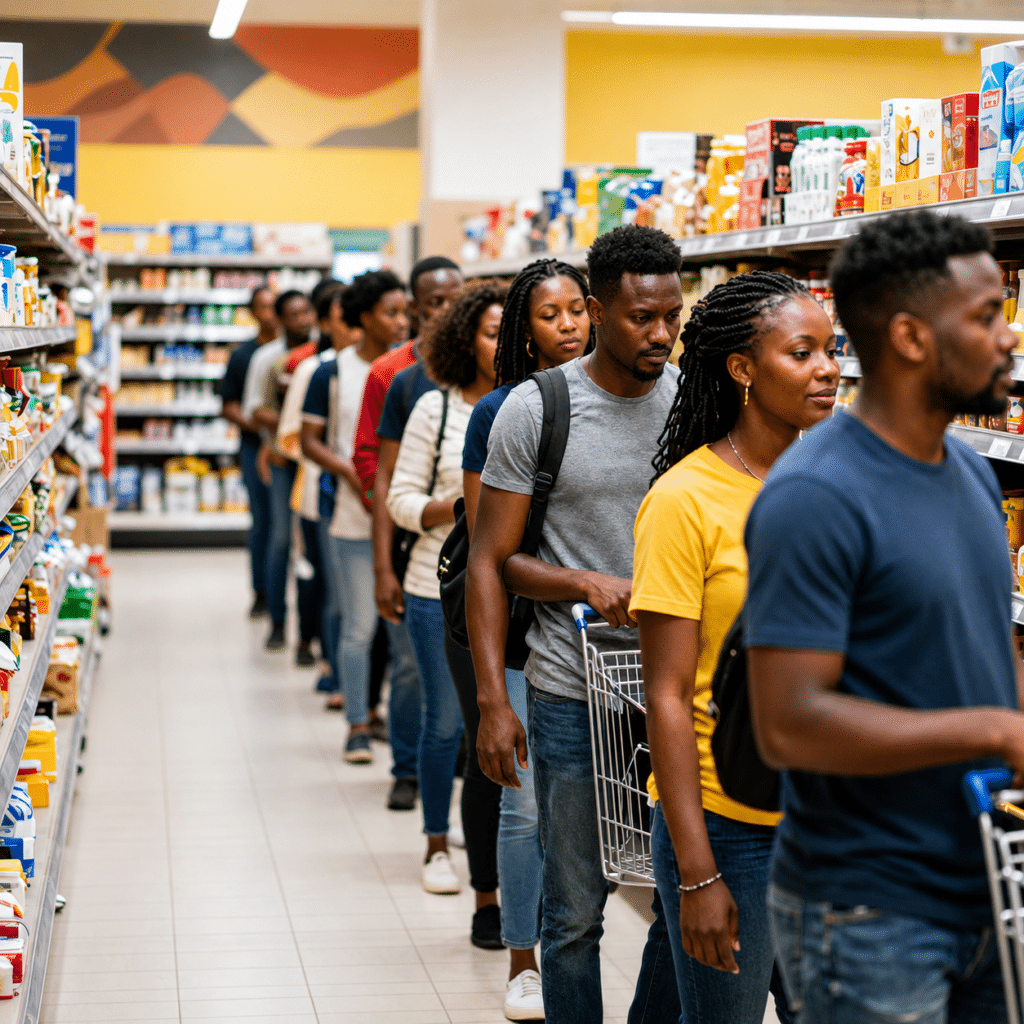 Shoppers lined up with shopping carts in a grocery store aisle.