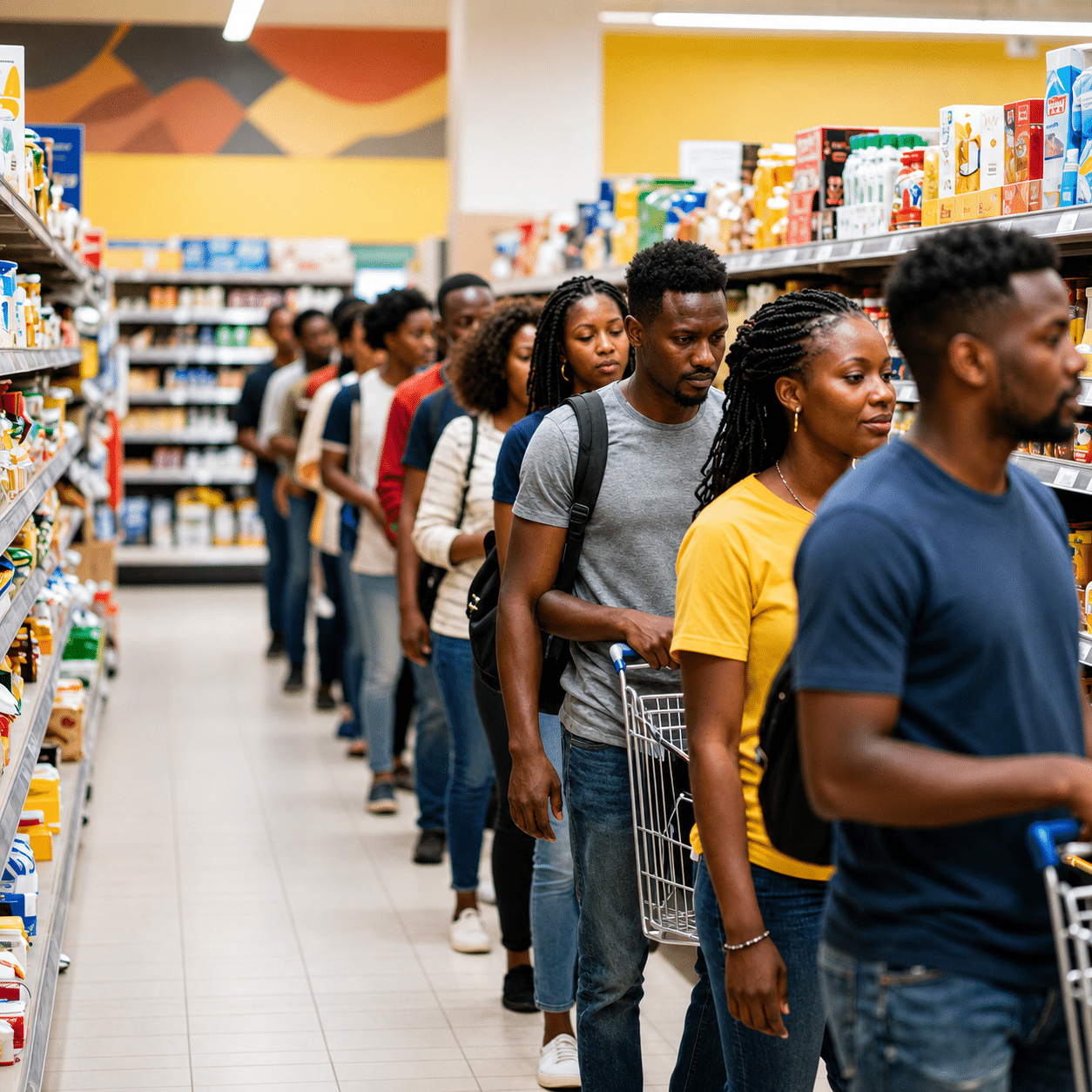 Shoppers lined up with shopping carts in a grocery store aisle.