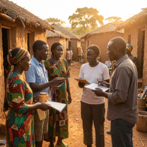 Group of adults in a village discussing documents outdoors at sunset they hold notebooks and papers wearing colorful clothing