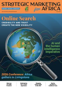 August Marketing Magazines Cover of a marketing magazine titled 'strategic marketing for africa' with a magnifying glass over a globe and data charts promoting an africa conference