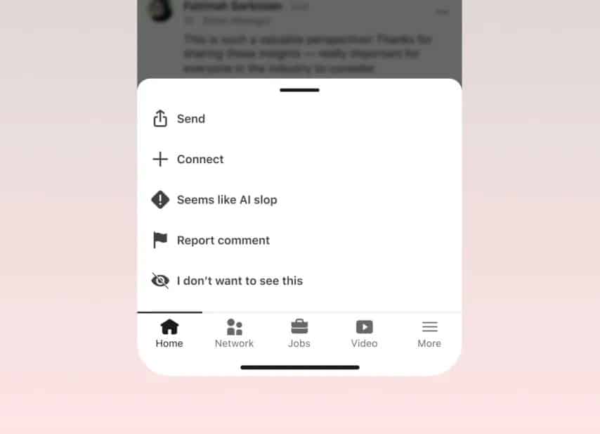 31 July - Digital Marketing – African Marketing Confederation – African Marketing Confederation Mobile app menu overlay with actions: Send, Connect, Seems like AI slop, Report comment, I don't want to see this; bottom navigation shows Home, Network, Jobs, Video, More.