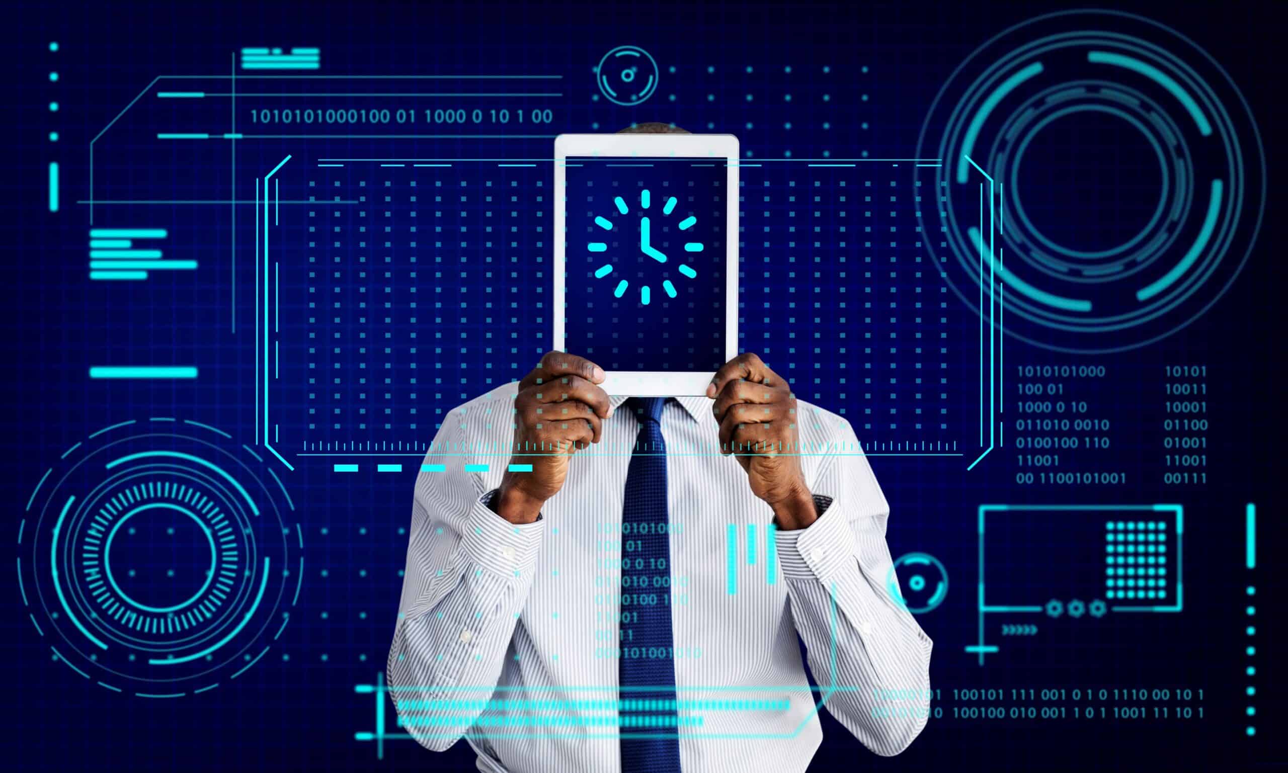 Person in a business shirt and tie holds a tablet up, obscuring their face, with glowing blue futuristic data HUD graphics around it.