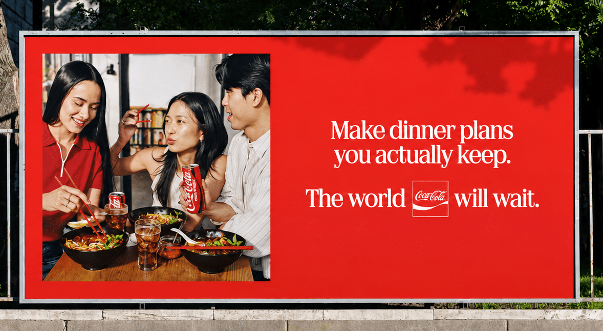 Three friends share a meal with bowls of food and Coca‑Cola cans, against a bright red Coca‑Cola ad panel that reads: 'Make dinner plans you actually keep. The world will wait.'