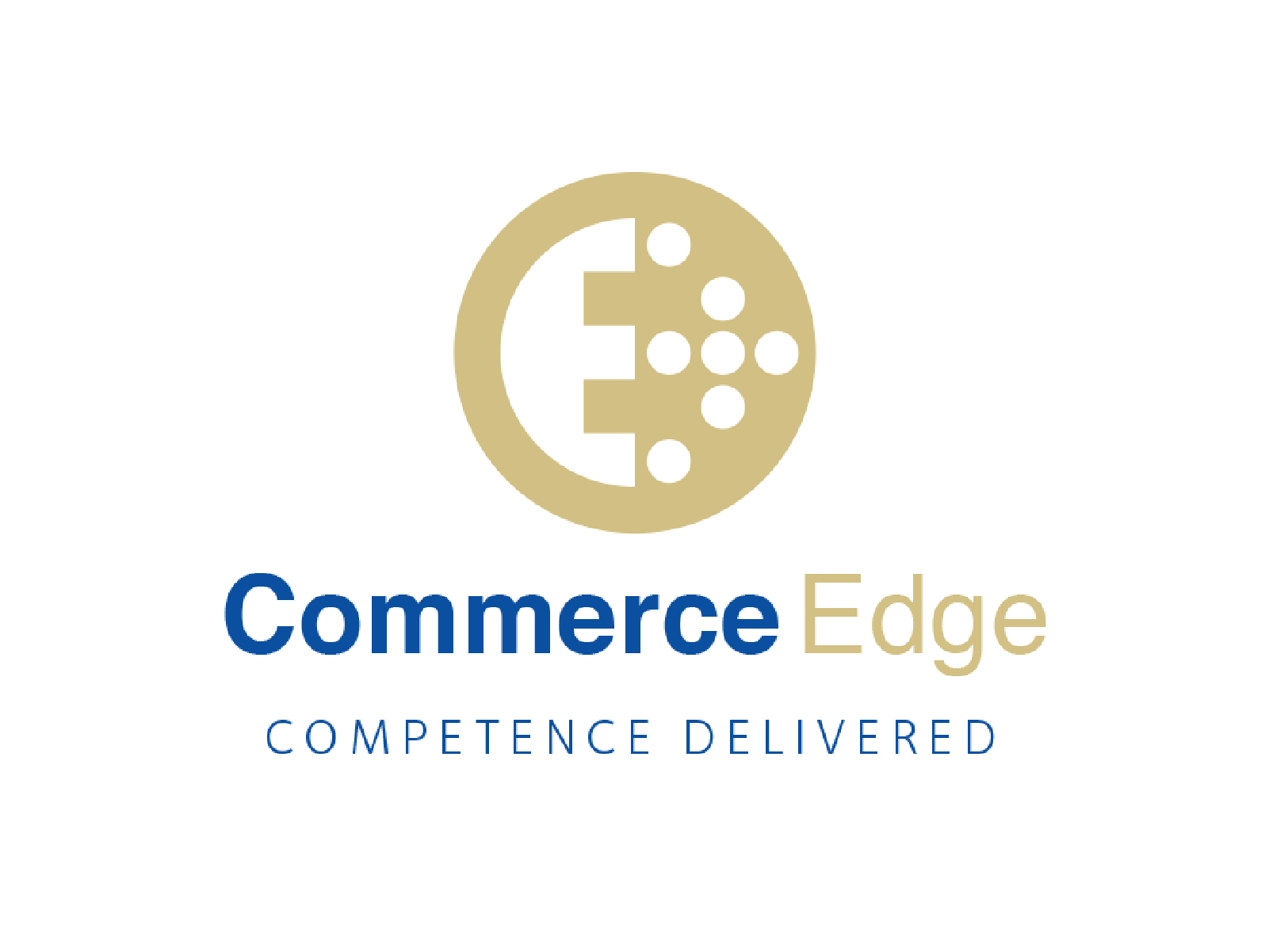 Commerce edge logo on black background gold circular emblem with white inner e and dots plus blue &aposcommerce edge&apos and beige &aposedge&apos text