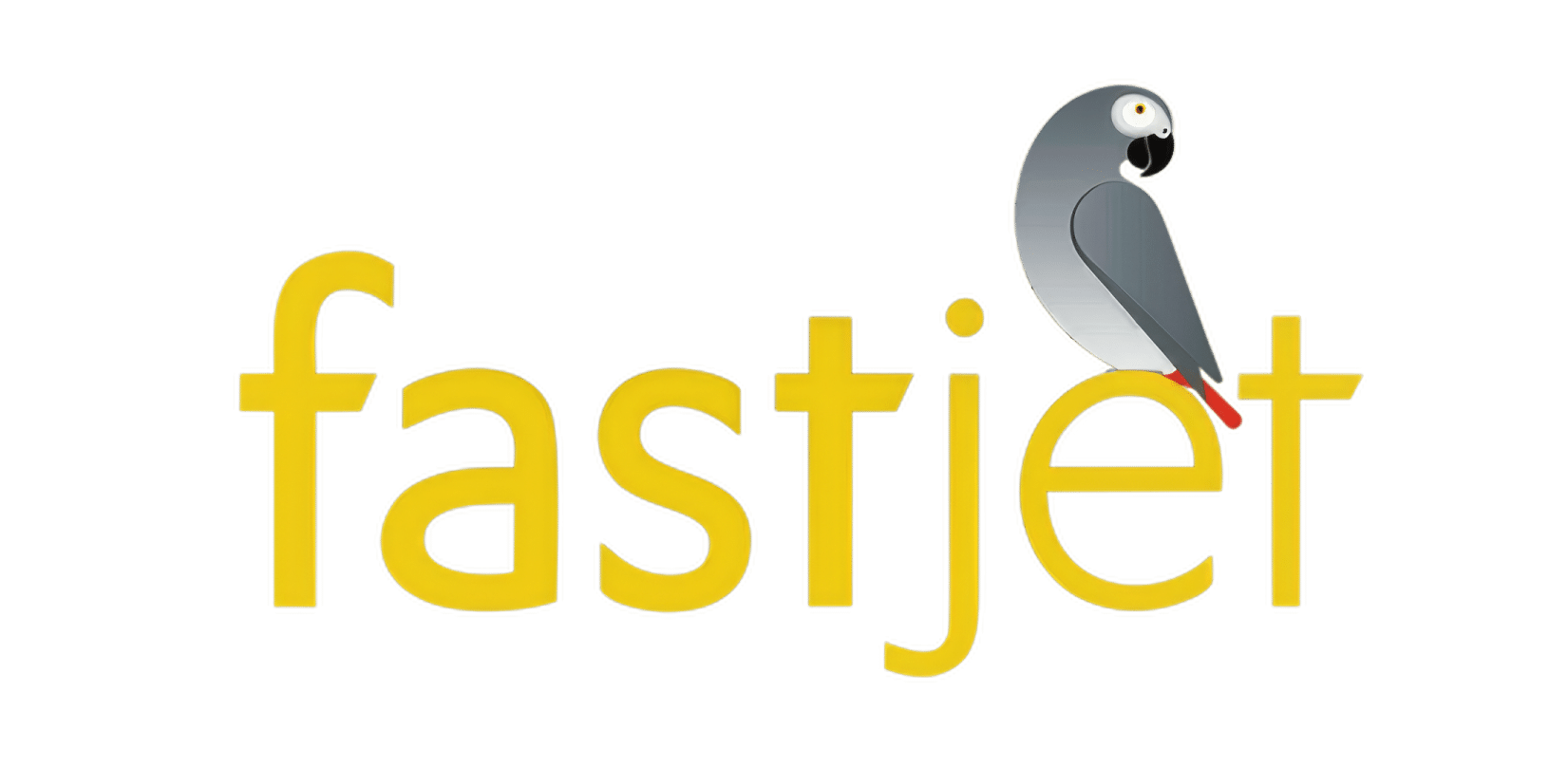 Fastjet logo bold yellow lowercase letters with a cartoon toucan perched on the final letter &apost&apos