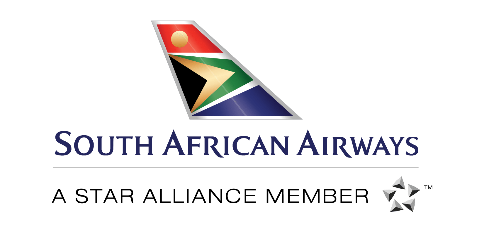South african airways logo with a multicolor triangular flag above the blue &apossouth african airways&apos text on a green background and &aposa star alliance member&apos with the star alliance emblem to the right