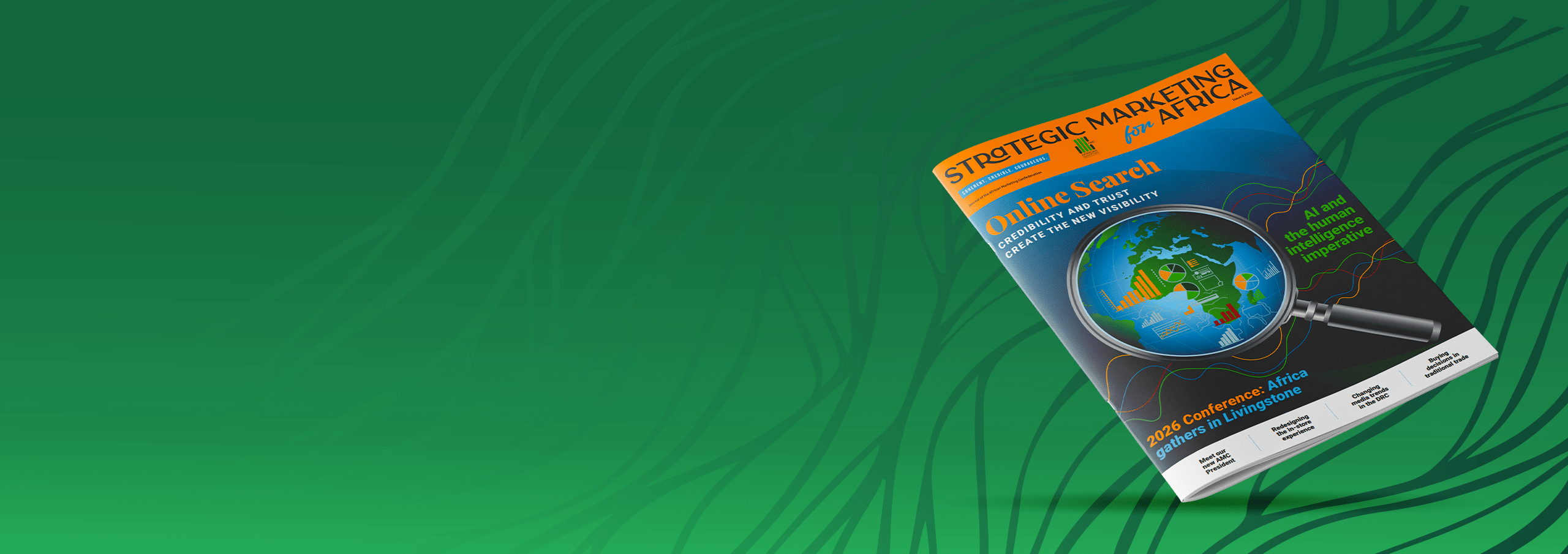 Tilted magazine cover titled 'Strategic Marketing for Africa' with a magnifying glass over a globe, on a green abstract background.