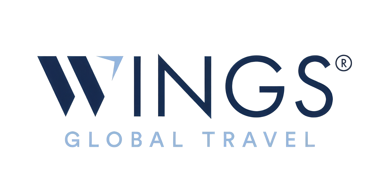 Wings global travel logo with a stylized blue &aposw&apos and the words global travel in light blue