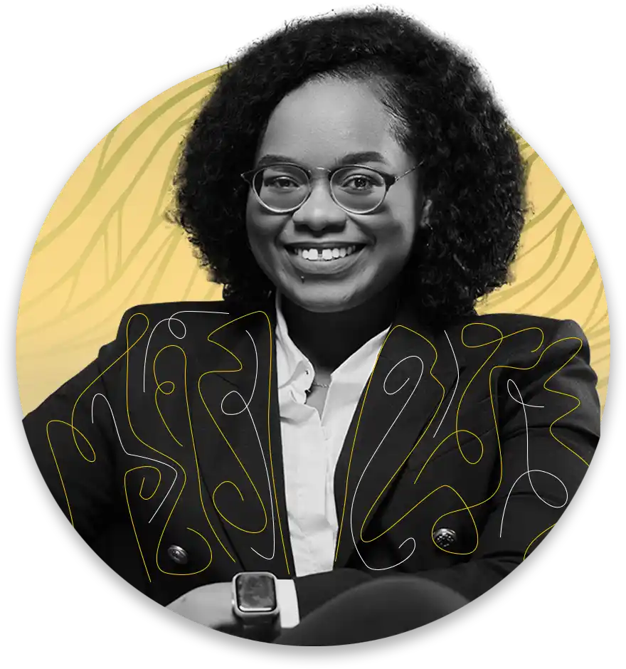 Smiling black woman with glasses in a blazer yellow circular backdrop with abstract line art behind her