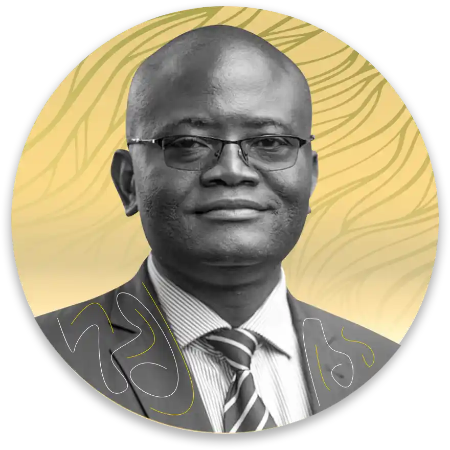 Professional headshot of a smiling man in a suit and striped tie wearing glasses inside a yellow circular badge with a wavy background