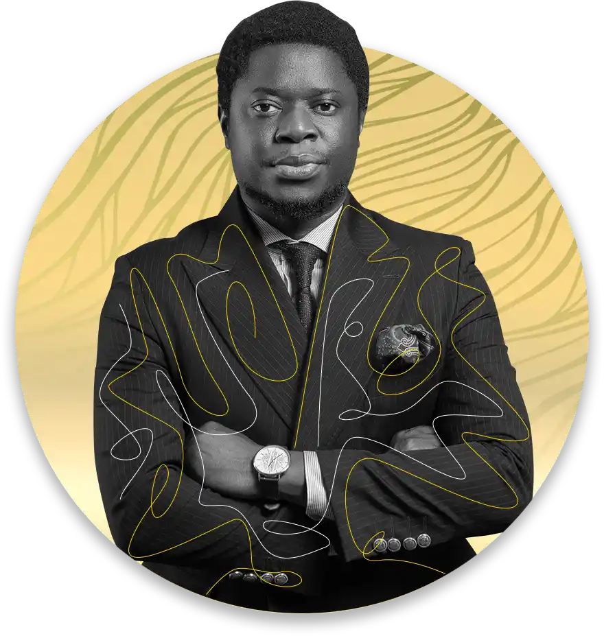 Portrait of a black man in a dark pinstripe suit with folded arms wearing a watch and pocket square against a gold circular backdrop with abstract lines