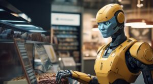 September Artificial Intelligence Yellow humanoid robot at a bakery counter inspecting a display of donuts on display in front of glass cases