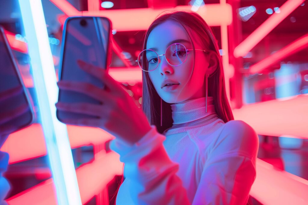 Young woman with round glasses in a pink-blue neon-lit room, looking at a smartphone or device in her hands.