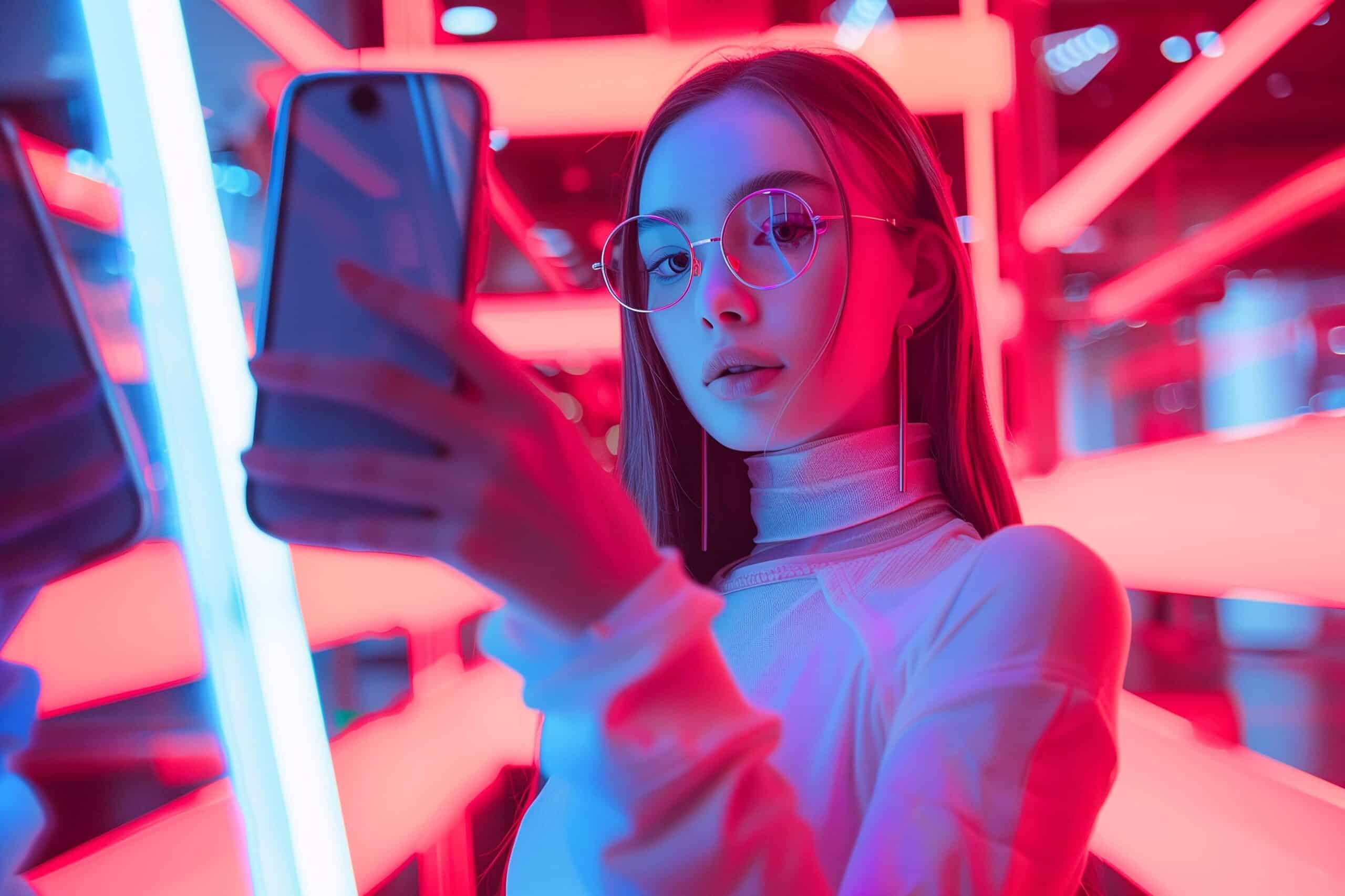 Young woman with round glasses in a pink blue neon lit room looking at a smartphone or device in her hands