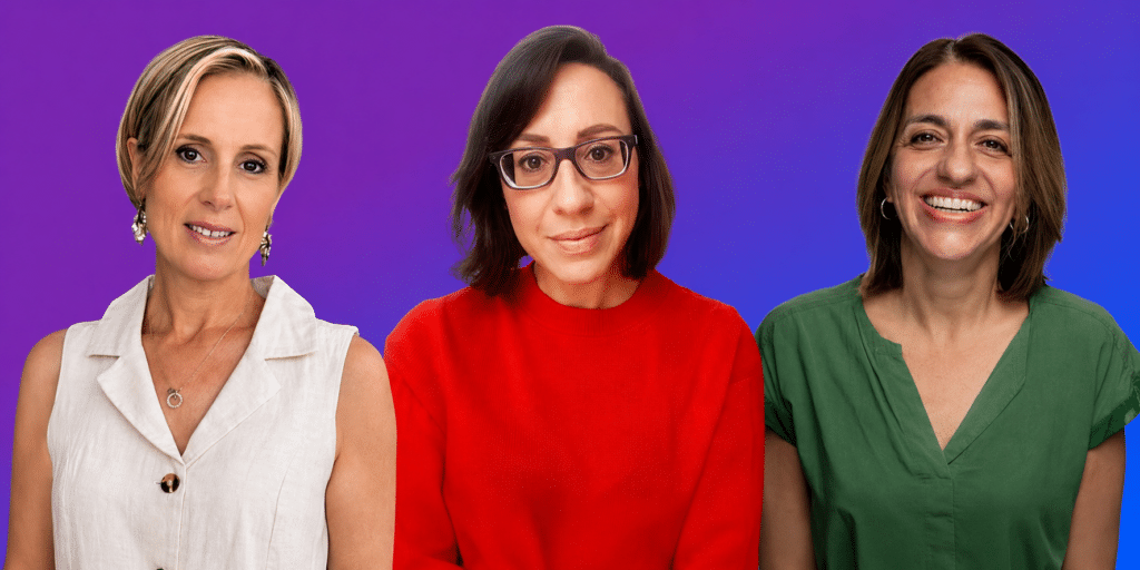 Three women stand side by side and smile against a purple gradient background.