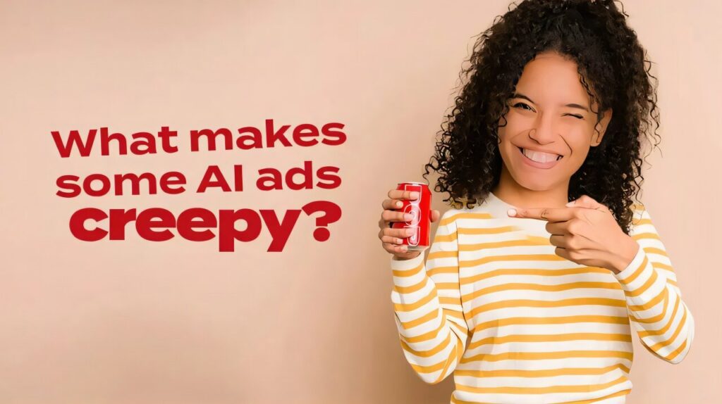 Smiling woman with curly hair in a yellow-and-white striped shirt holds a red can and points to the text 'what makes some AI ads creepy?'