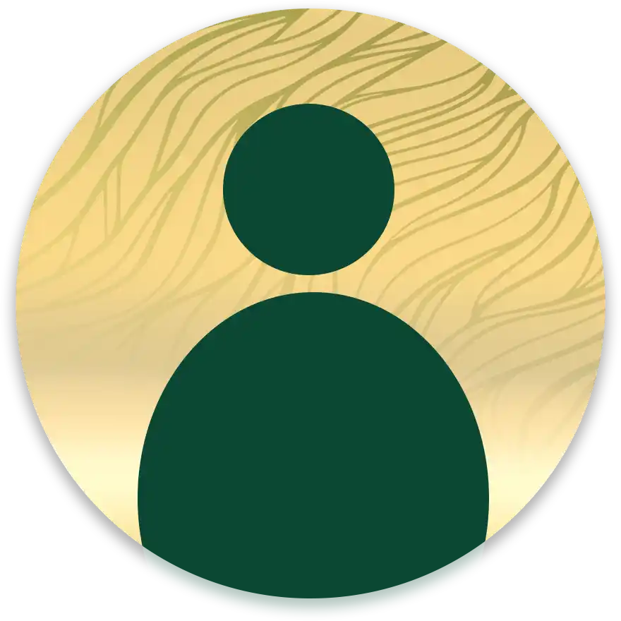 Generic user avatar dark teal circular head and rounded shoulders on a gold circular background
