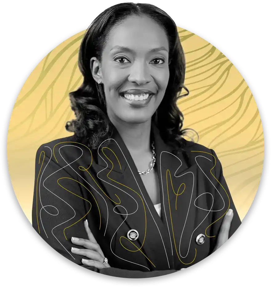 Black and white portrait of a smiling woman in a blazer arms crossed against a yellow circular background with abstract lines