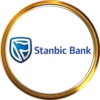 Stanbic bank logo blue &aposstanbic bank&apos text beside a shield emblem inside a white circle with a gold border