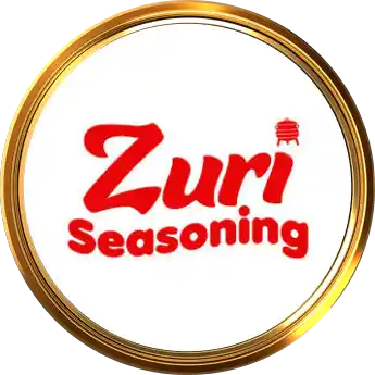 Zuri seasoning logo red stylized text on a white circular badge with a gold outer rim with a small icon above the &aposi&apos