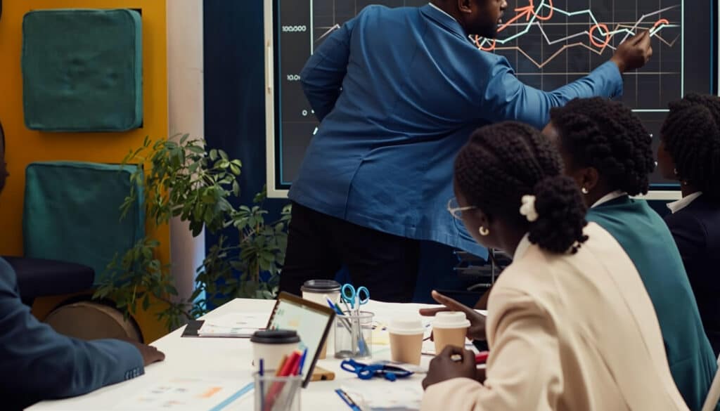 Team of professionals in a meeting watching a presenter point to a large screen with line graphs on display panel behind them.