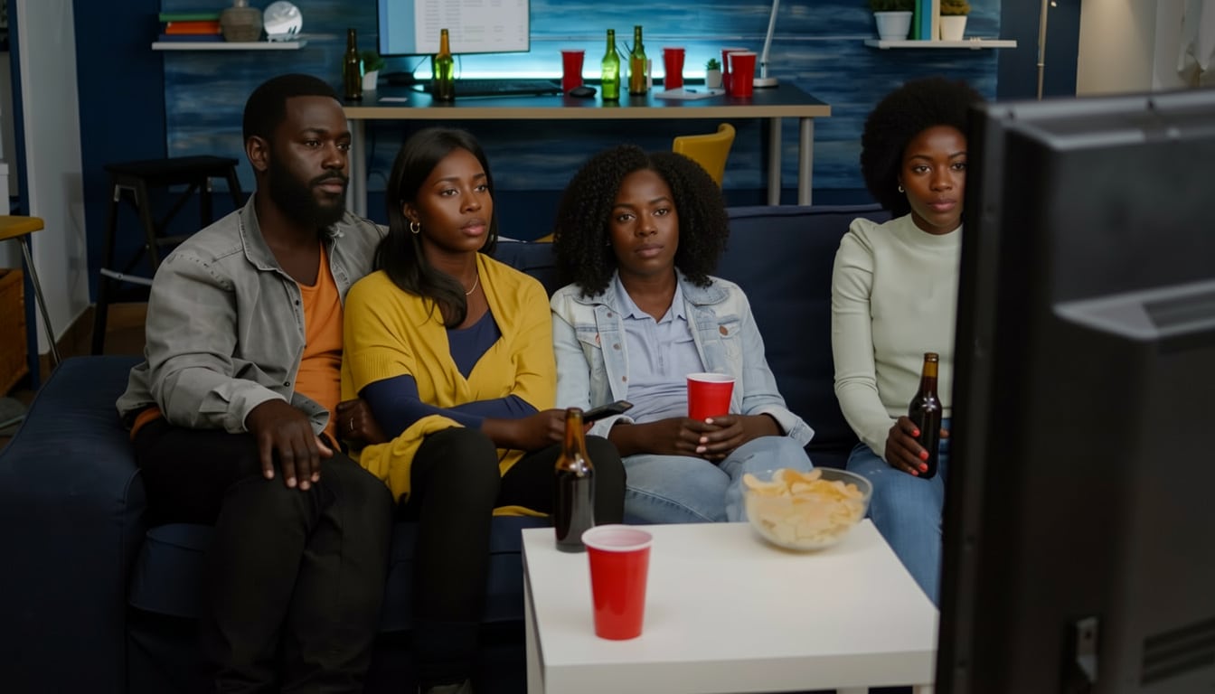 Four friends sit on a blue sofa watching a screen with chips and drinks on a white coffee table in a casual living room