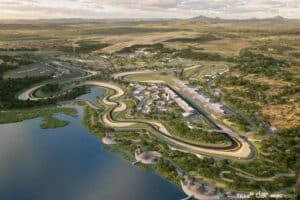 Aerial rendering of the new formula  racetrack in bugesera rwanda showcasing the fia grade  circuit design and landscape