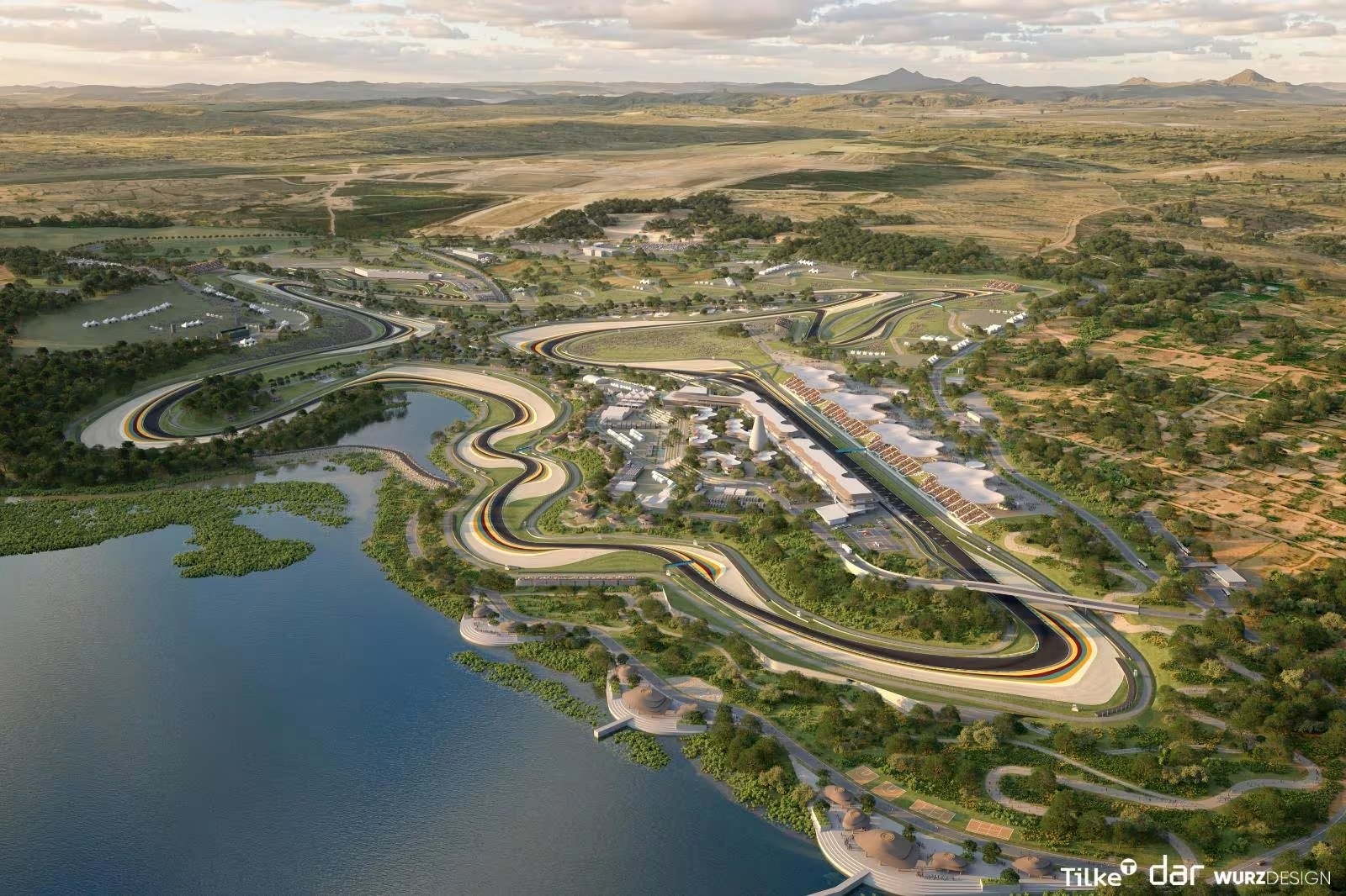 Aerial rendering of the new formula  racetrack in bugesera rwanda showcasing the fia grade  circuit design and landscape