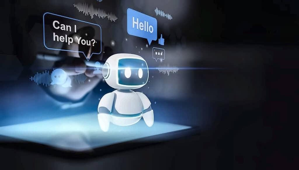 Friendly white robot standing over a tablet with blue chat bubbles saying Hello and Can I help You?
