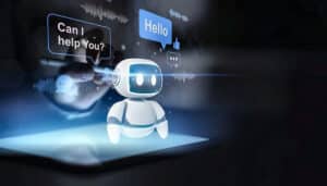 Friendly white robot standing over a tablet with blue chat bubbles saying hello and can i help you