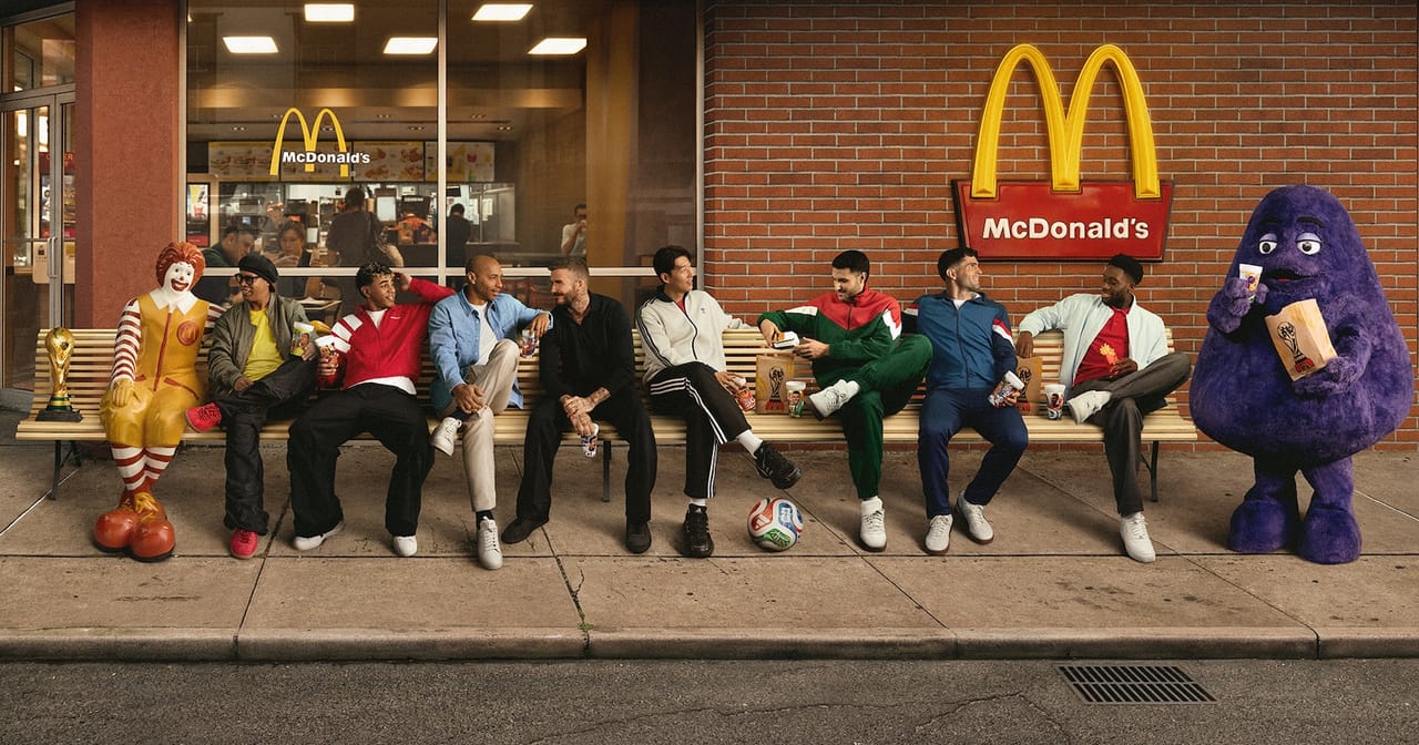 October Sports Marketing Group of men in athletic wear sit on a bench outside mcdonald's with ronald mcdonald and grimace mascots nearby enjoying snacks and drinks